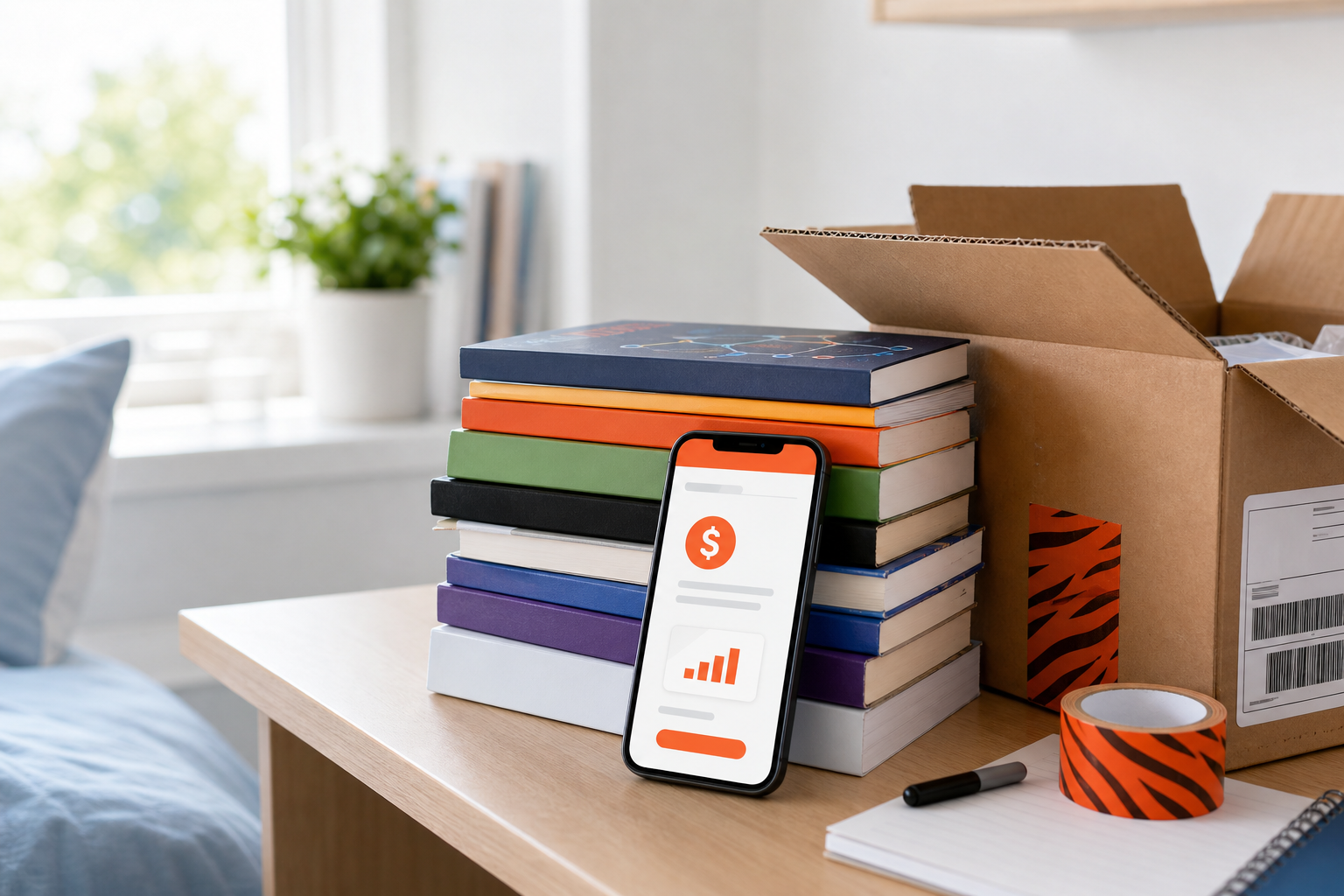 Textbooks stacked beside a shipping box and a phone displaying a buyback offer